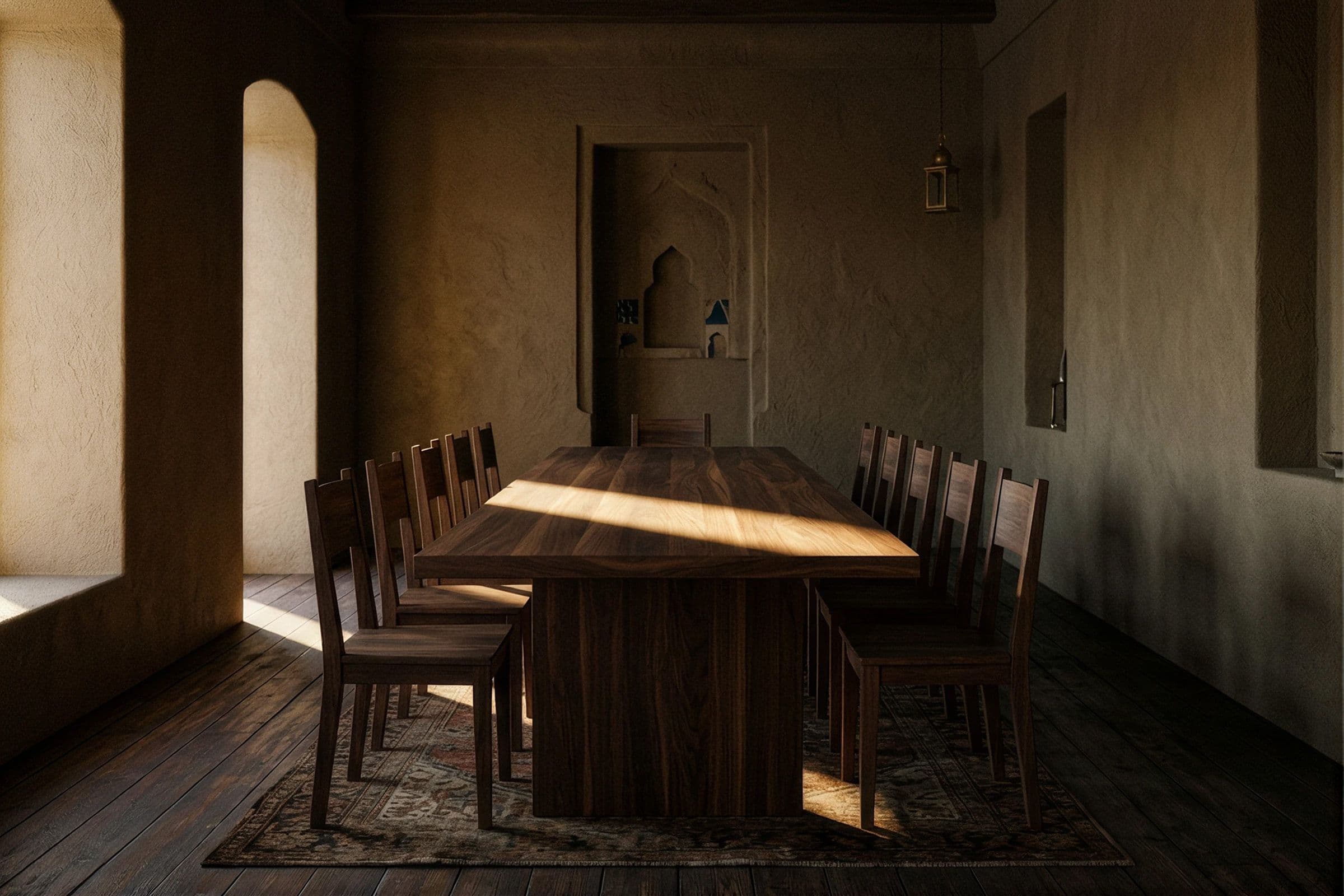 Registan House — ovqat xonasi, uzun gʻarbiy ochiqlik bilan