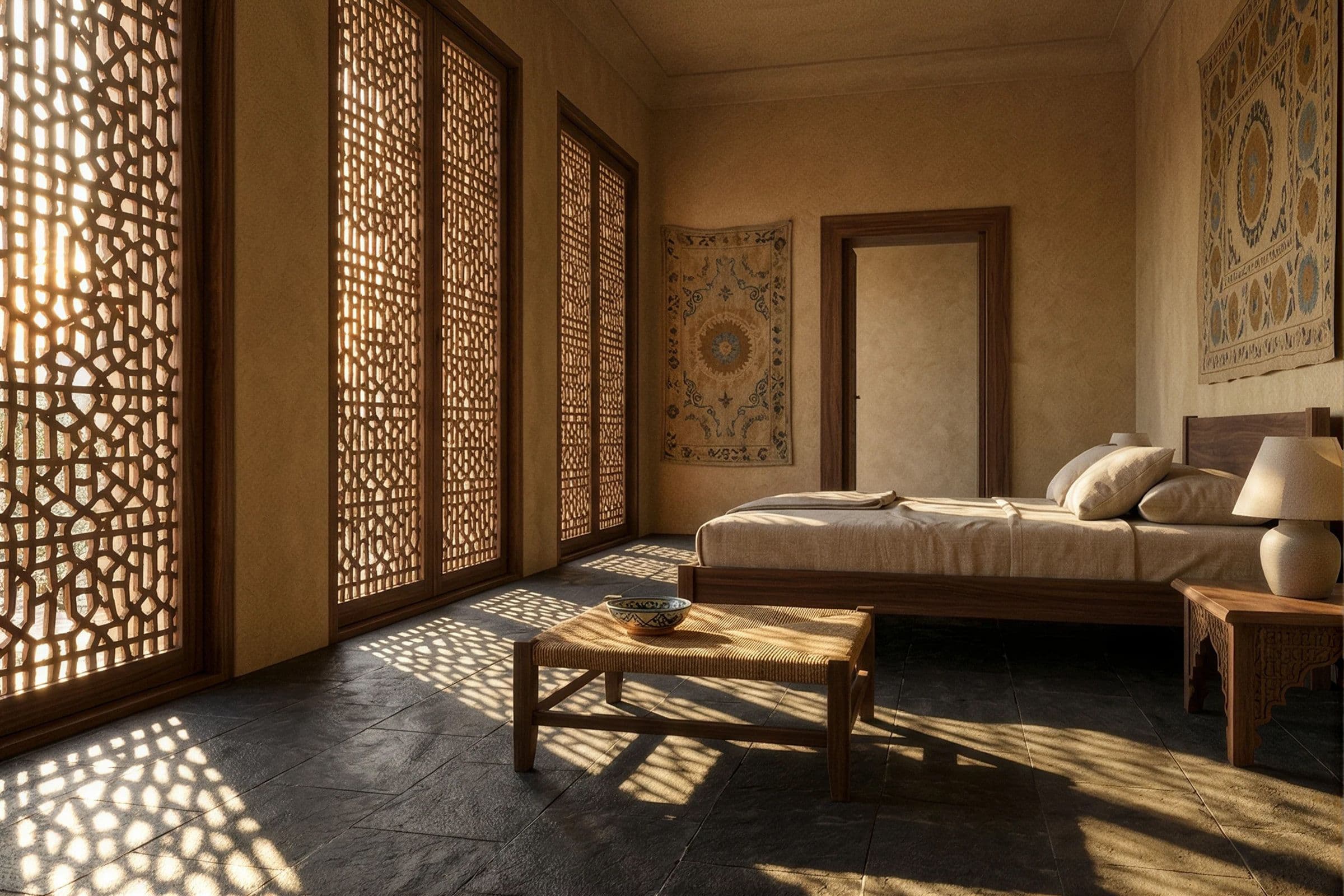 Registan House — mehmon xonasi, bazalt pol va yongʻoq panjara